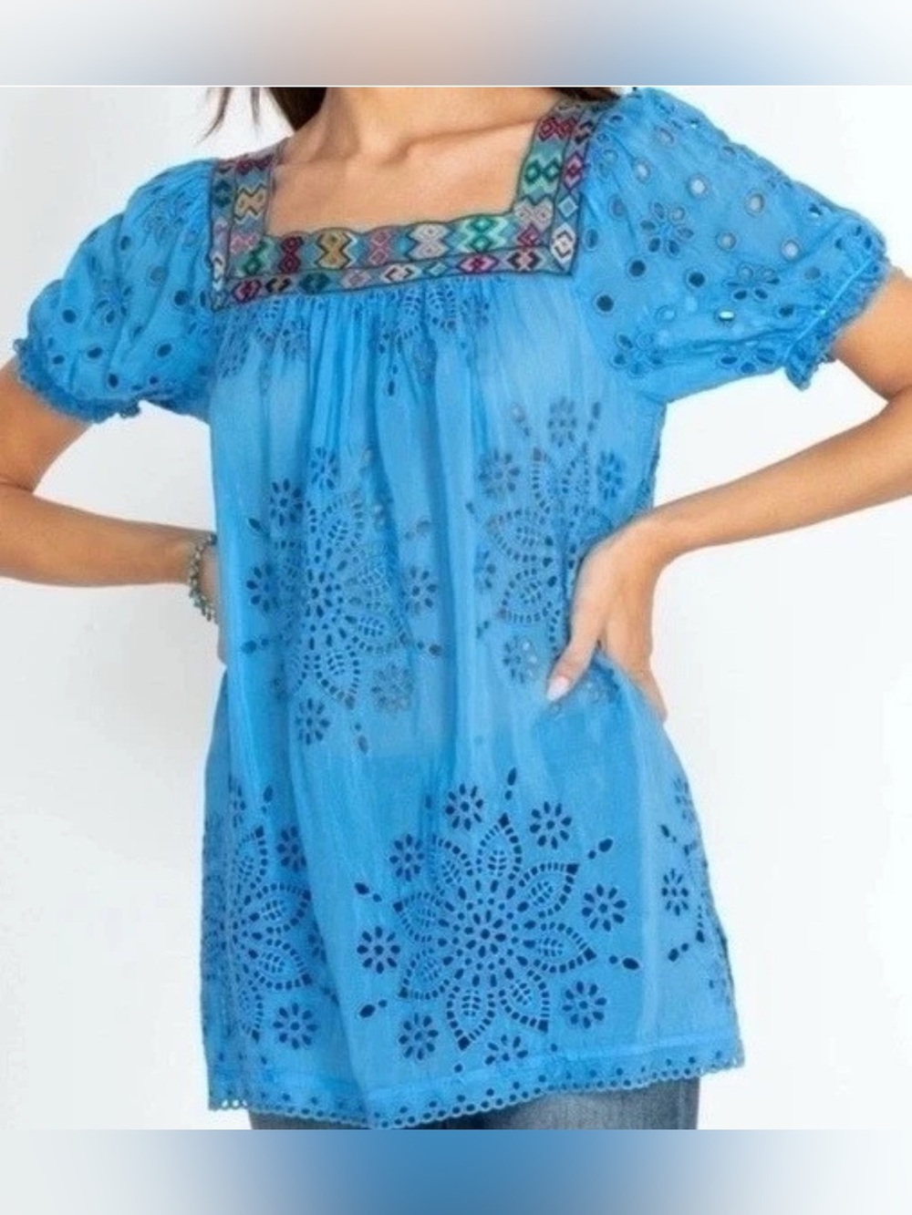 WOMANS JOHNNY WAS HEAVILY EMBROIDERED EYELET BOHO BLOUSE TUNIC MEDIUM